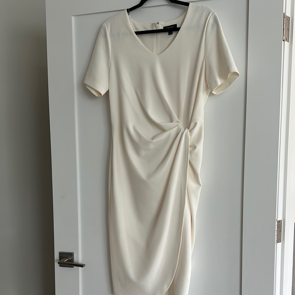 Tahari Cream Asymmetrical Ruched Midi Dress